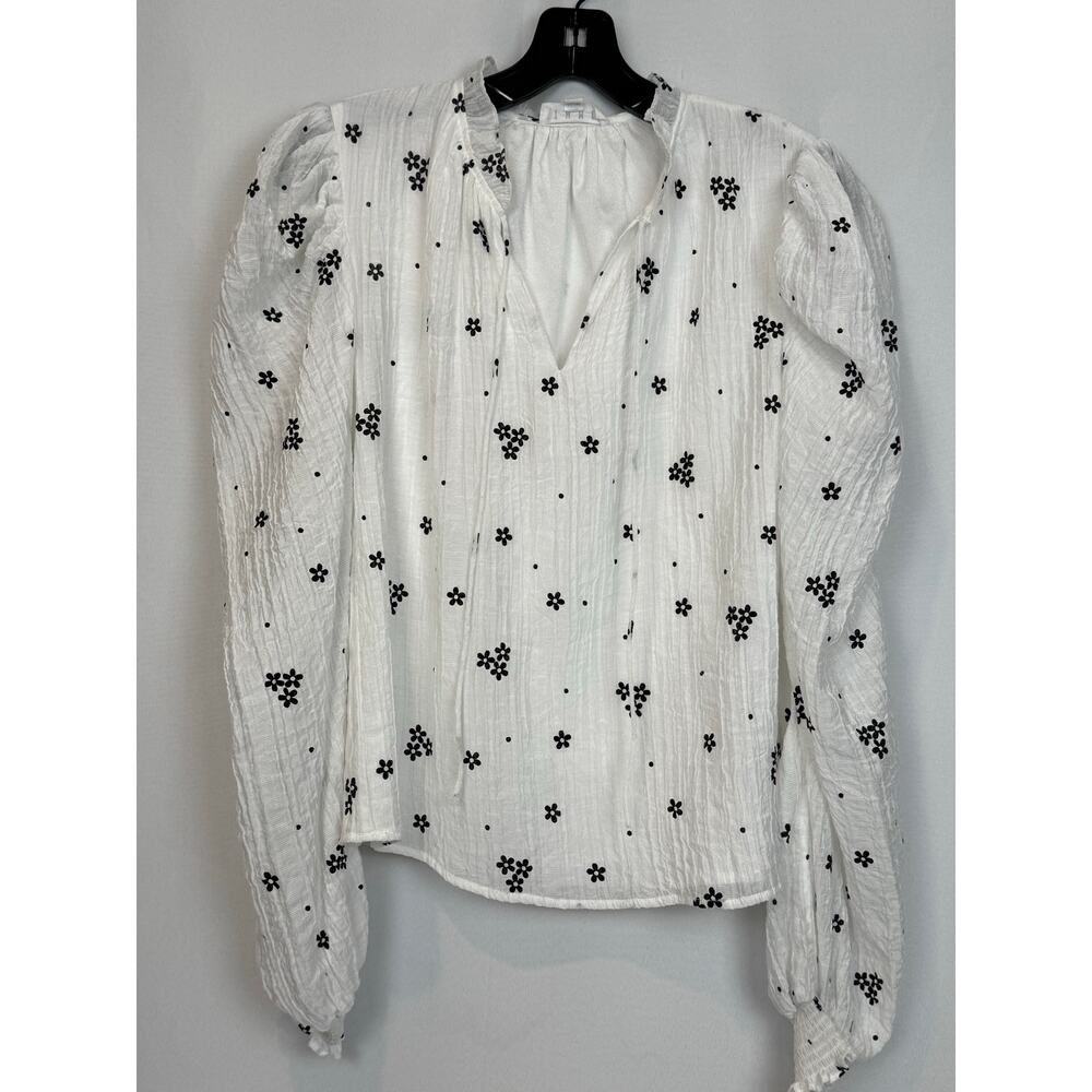 THML White Black Daisy Floral Peasant Blouse XS Boho Balloon Sleeve Crinkle